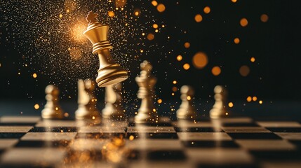 A chessboard where the financial pieces are being knocked over by an unseen force, depicting the unpredictable nature of market movements and external influences on investments.