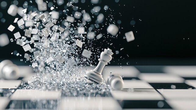 A chessboard where the financial pieces are being knocked over by an unseen force, depicting the unpredictable nature of market movements and external influences on investments.