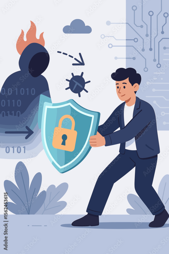 Poster cybersecurity protection concept. businessman defends data with shield against hacker, malware attac