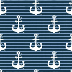 Maritime seamless pattern with white anchors on a blue background with light blue stripes