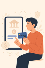 Man using credit card for online banking on tablet. Mobile banking transaction. Digital payment, internet shopping, secure money transfer, fintech technology, modern finance vector illustration
