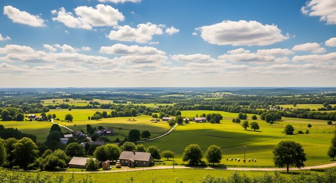Panoramic landscape view with vibrant green fields scattered villages and rolling hills under a bright blue sky dotted with fluffy white clouds creating a serene atmosphere.
