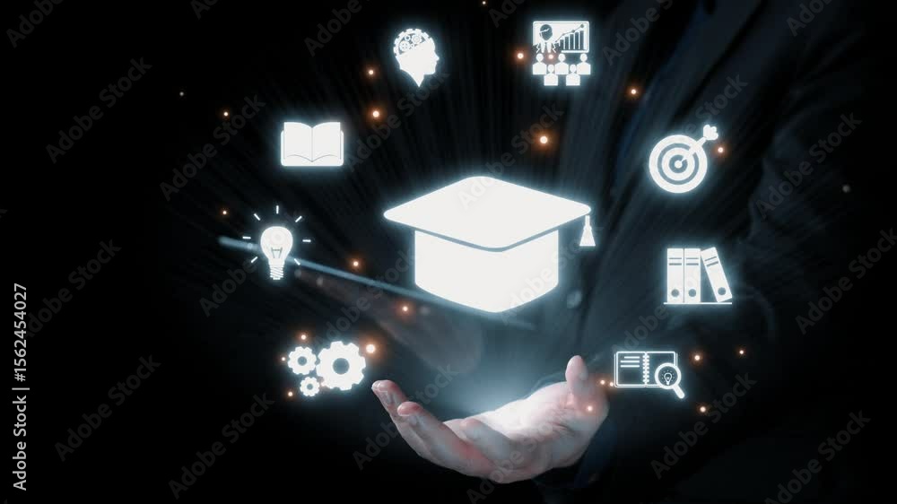 Poster a hand holds digital icons representing education and knowledge concepts. the glowing visuals on a d