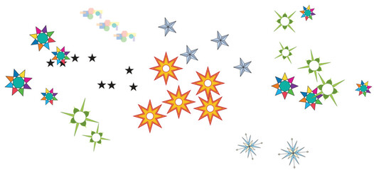 Colorful abstract starburst and sparkle shape icons on transparent background &ndash; festive decorative star elements for celebration, fireworks, holiday graphics, sticker design, or vector illustration us