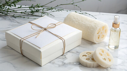 Still life of a gift box with twine, loofah sponges, and a bottle on a marble surface - ai generated