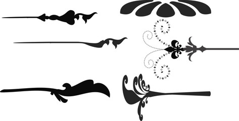 Vintage black ornamental floral divider silhouettes on transparent background – elegant swirl border elements for invitation, card design, tattoo art, frame decoration, or antique vector illustration 