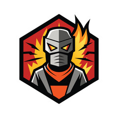 Angry welder with sparks and metal mask in industrial scene Vector illustration