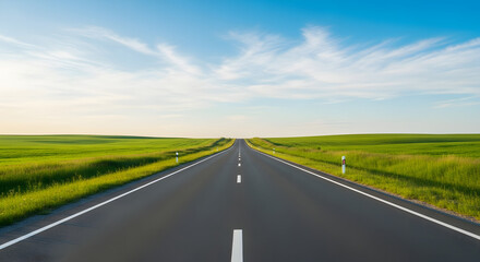 An empty asphalt road stretches into the distance, framed by green fields and a blue sky.