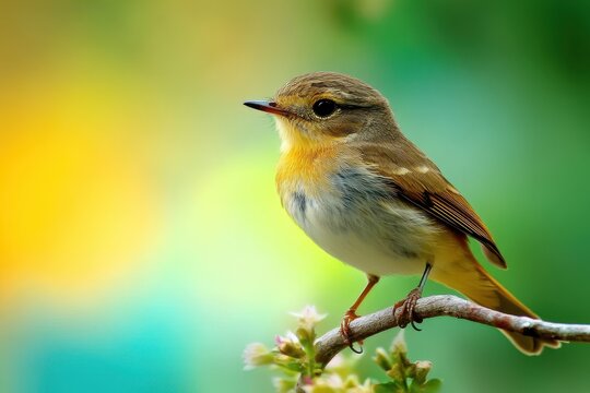 Female European stonechat perches gracefully on a branch with vibrant background colors, European stonechat Saxicola rubicola female perched with colorful green background Close up