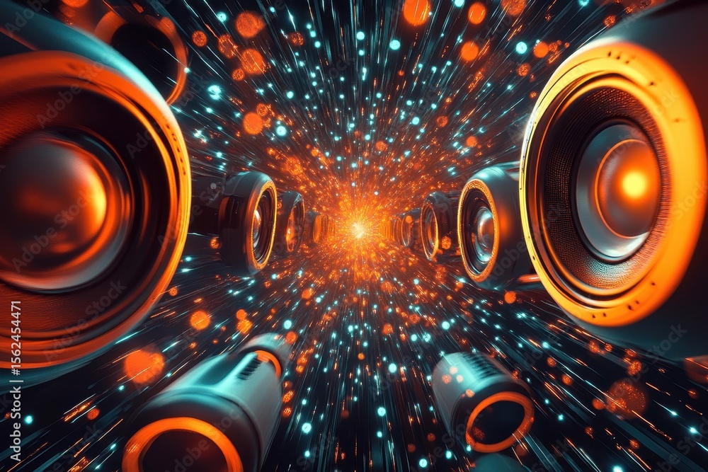 Poster Dynamic speakers rising in an abstract animated music background with vibrant colors and energy, Speakers going up ing music abstract animated background
