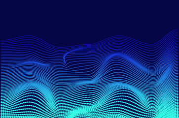 Fototapeta premium Dynamic big data gradient blue neon particle wave dots technology abstract background. Futuristic design with motion and depth effect.