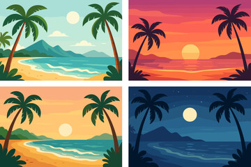 Tropical paradise beach landscape set. Scenic sandy coastlines with palm trees, ocean waves, distant mountains at sunrise, sunset, midday, and night. Exotic seascape vector illustration collection