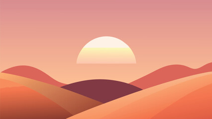 Minimal Sunset Landscape – Cartoon Hills with Setting Sun