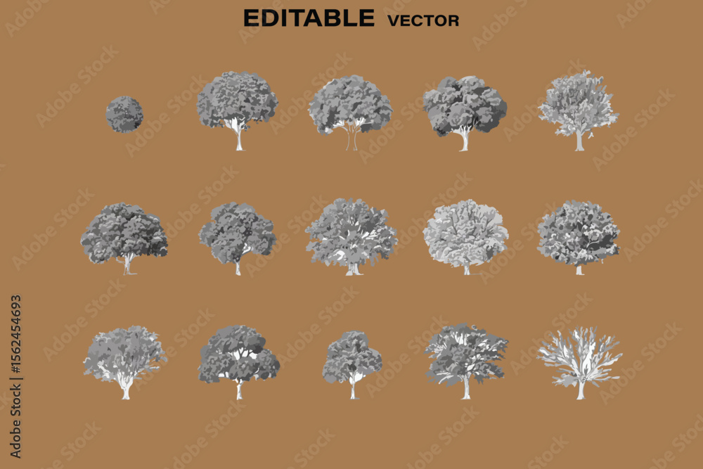 Poster collection of stylized vector trees in various shapes and sizes with grey foliage and white trunks o