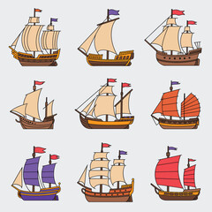Collection of nine colorful cartoon sailing ships and galleons on a light background