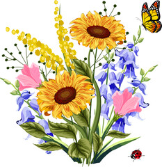 Bouquet of flowers with sunflowers.Vector color illustration with sunflowers, bells and butterfly on transparent background.