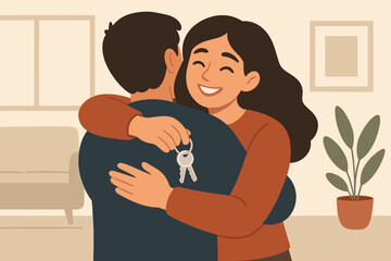 Happy couple embracing with house keys, new home ownership, moving in together, real estate purchase, first apartment, family, love, celebration, cozy living room, modern flat vector illustration