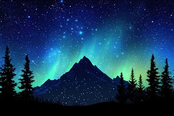 Stunning display of the Aurora Borealis over a mountain landscape on a starry night, A clear starry night with the Aurora Borealis over a mountain and trees silhouette