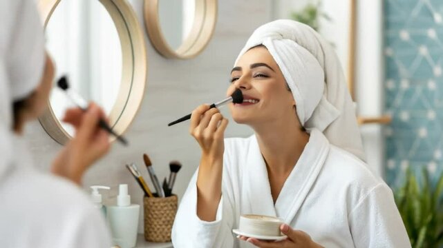 Woman applying makeup in bathroom mirror routine beauty skincare cosmetics tutorial tips and tricks guide