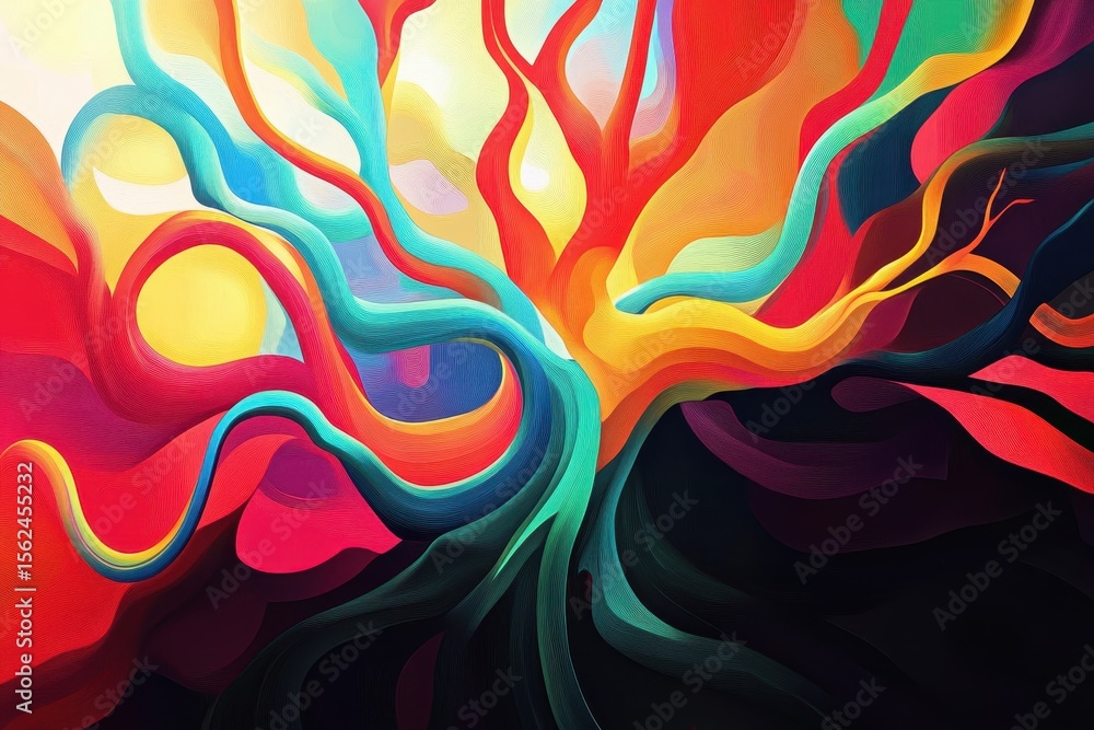 Poster Colorful abstract shapes depicting a natural connection through vibrant tree-like forms, animated abstract shapes colorful natural connection roots