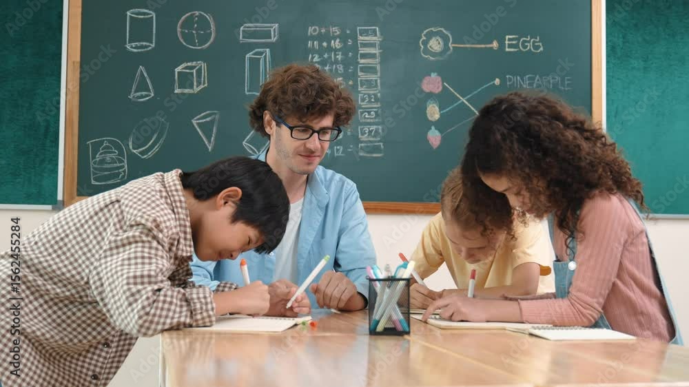 Poster smart teacher explain idea while diverse children drawing mind map while group of diverse student wo