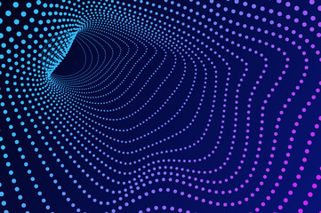 Tunnel 3d particle, molecule or atom wormhole abstract background. Big data hole sound wave effect distorted, future technology concept with copy space.