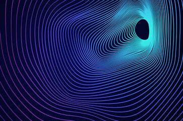 Tunnel 3d line wormhole abstract background. Big data hole sound wave effect distorted, future technology concept with copy space.