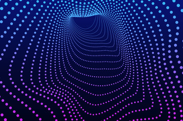 Tunnel 3d particle, molecule or atom wormhole abstract background. Big data hole sound wave effect distorted, future technology concept with copy space.