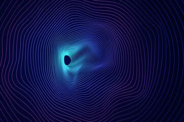 Tunnel 3d line wormhole abstract background. Big data hole sound wave effect distorted, future technology concept with copy space.