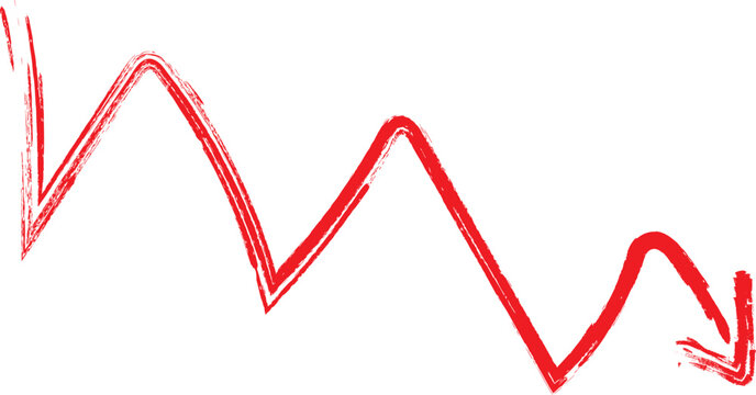 Jagged red hand drawn arrow pointing downward as a symbol of decline or financial loss isolated on a white background.