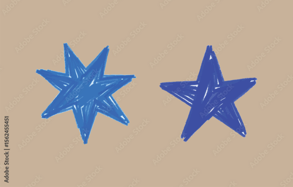 Aufkleber two blue stars one with seven points and the other with five points are drawn with a chalky texture 