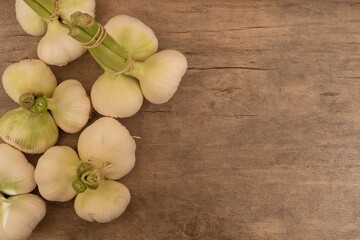 Fresh garlic heads on wooden background with space for text