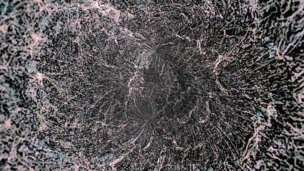 Abstract dark swirl with intricate white and pink lines, creating a chaotic yet mesmerizing texture, ideal for grunge or artistic themes