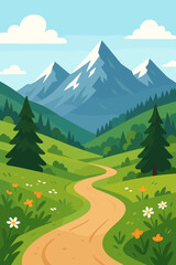 Mountain landscape vector illustration with a winding path leading to snowy peaks. Scenic summer view of green hills, forest, and a hiking trail. Nature adventure background concept.