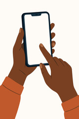 Black person hands holding smartphone with blank white screen for mockup. African woman using mobile phone, tapping, scrolling or browsing. Modern flat vector cartoon illustration.