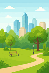 City park in summer. Urban public garden with green lawn, trees, bench and path. Modern cityscape with skyscrapers and office buildings on background. Vector flat cartoon illustration.