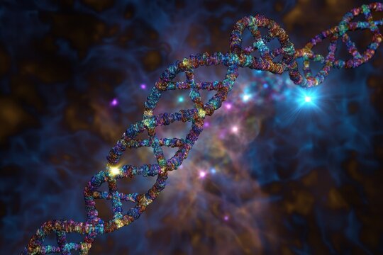 Visual representation of a network of connections along a spinning DNA strand in a cosmic environment, network of connections over dna strand spinning - Powered by Adobe