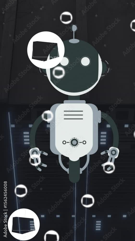 Poster animation of ai chat bot and icons over computer server background