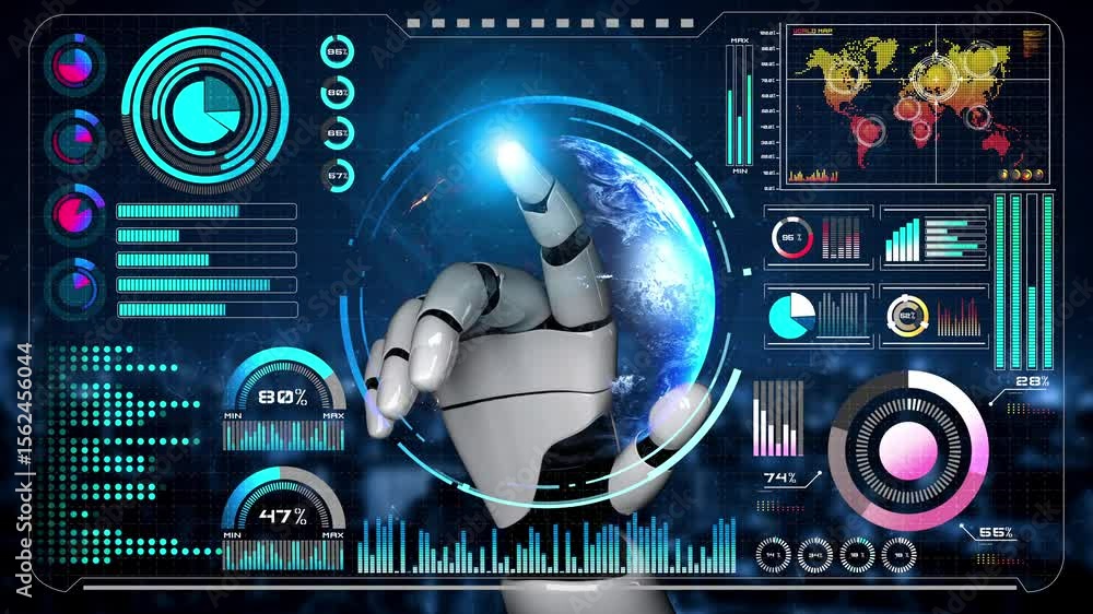Poster ai-powered global network interface enabling real-time data interaction, virtual assistant support, 