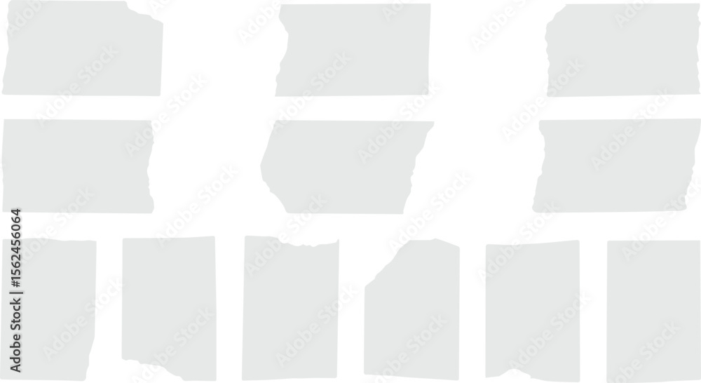 Poster collection of nine grey torn paper pieces arranged in three rows and three columns on a white backgr
