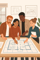 Architectural team meeting. Diverse group of designers and engineers discussing a blueprint. Professional collaboration on a construction project or house interior design plan. Vector.