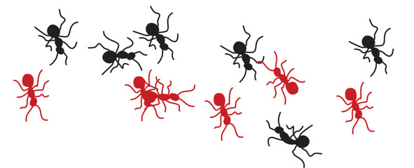 Red and black ants scattered on a white background – a stylized illustration of ants in varying poses and sizes, symbolizing teamwork, nature, or insects.

