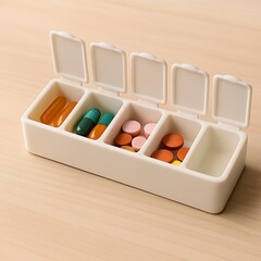 Weekly pill organizer with colorful capsules and tablets, open compartments on wooden table, concept of medication management, health routine, and daily care

