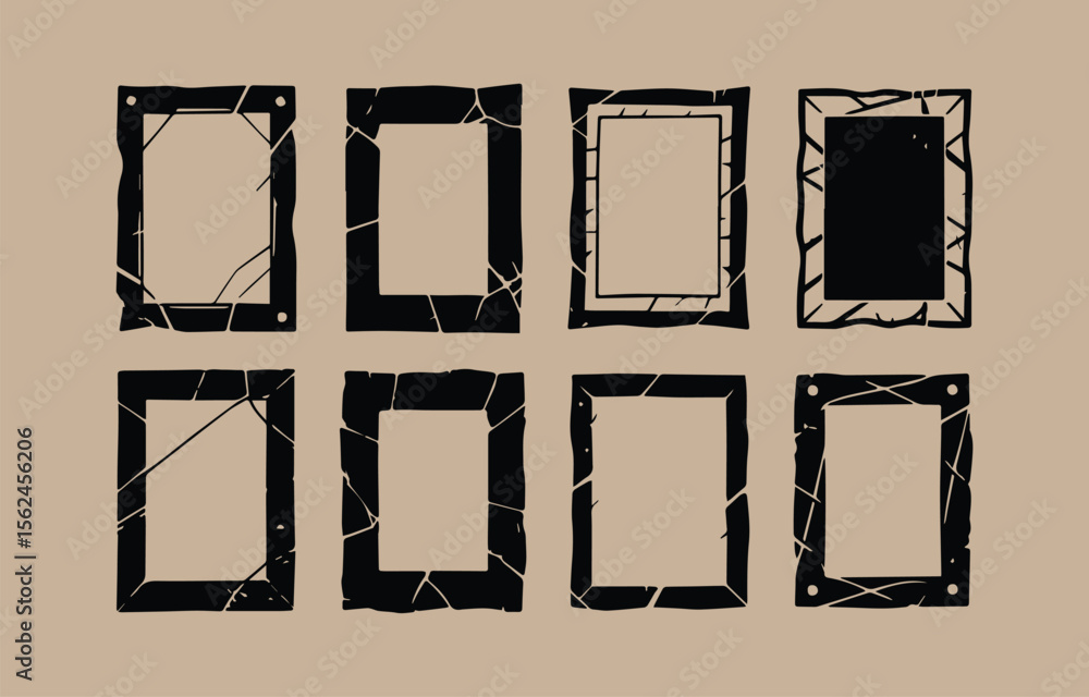Aufkleber collection of eight black grunge and distressed rectangular frames with a rough texture and cracked 