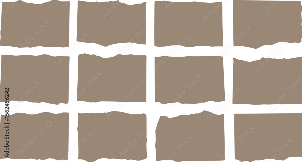 Poster a grid of twelve square shapes with torn or rough edges in a muted brown color against a white backg