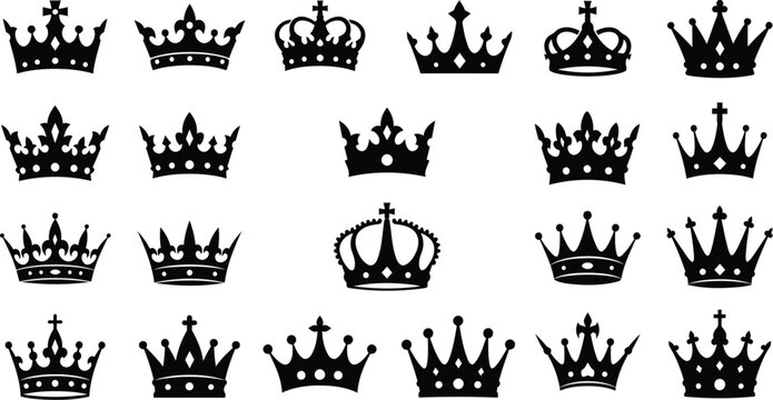 A vector illustration featuring a collection of black crowns in various designs ideal for royal and elegant themed graphic designs