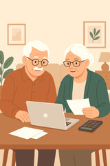 Elderly couple managing household finances on laptop, paying bills, budgeting, retirement planning, modern home interior, flat vector illustration, financial management, senior lifestyle concept