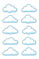 Flat Style Cloud Icon Set. Cartoon White and Blue Cloud Collection. Weather Symbol Vector Illustration. Simple Modern Design Elements for Web, App, Kids, Sky, Forecast, Nature, Backgrounds