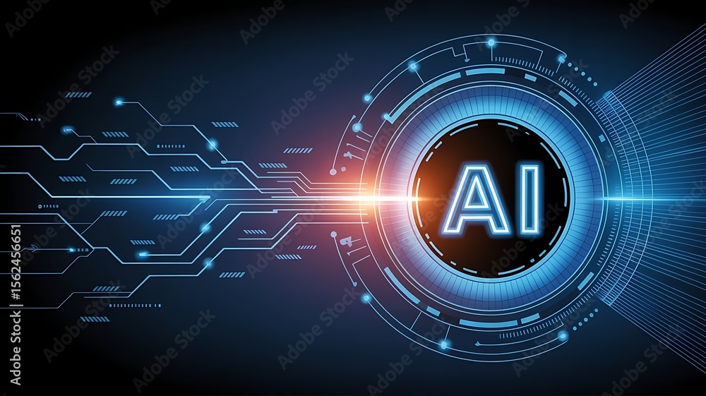 Poster futuristic artificial intelligence concept represented by circuitry and glowing ai text