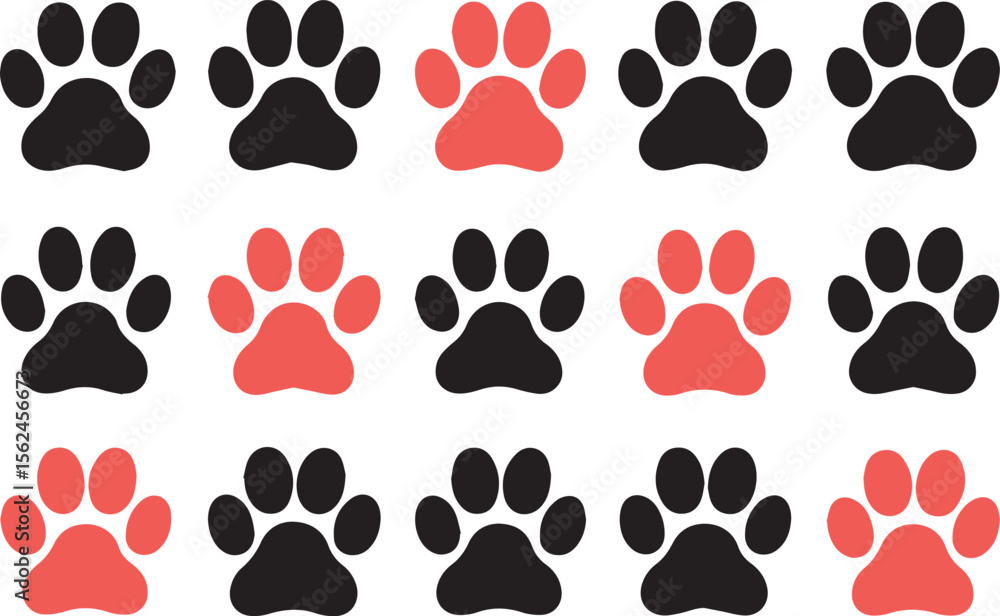 Poster a repeating pattern of black and coral colored paw prints arranged in three rows on a white backgrou